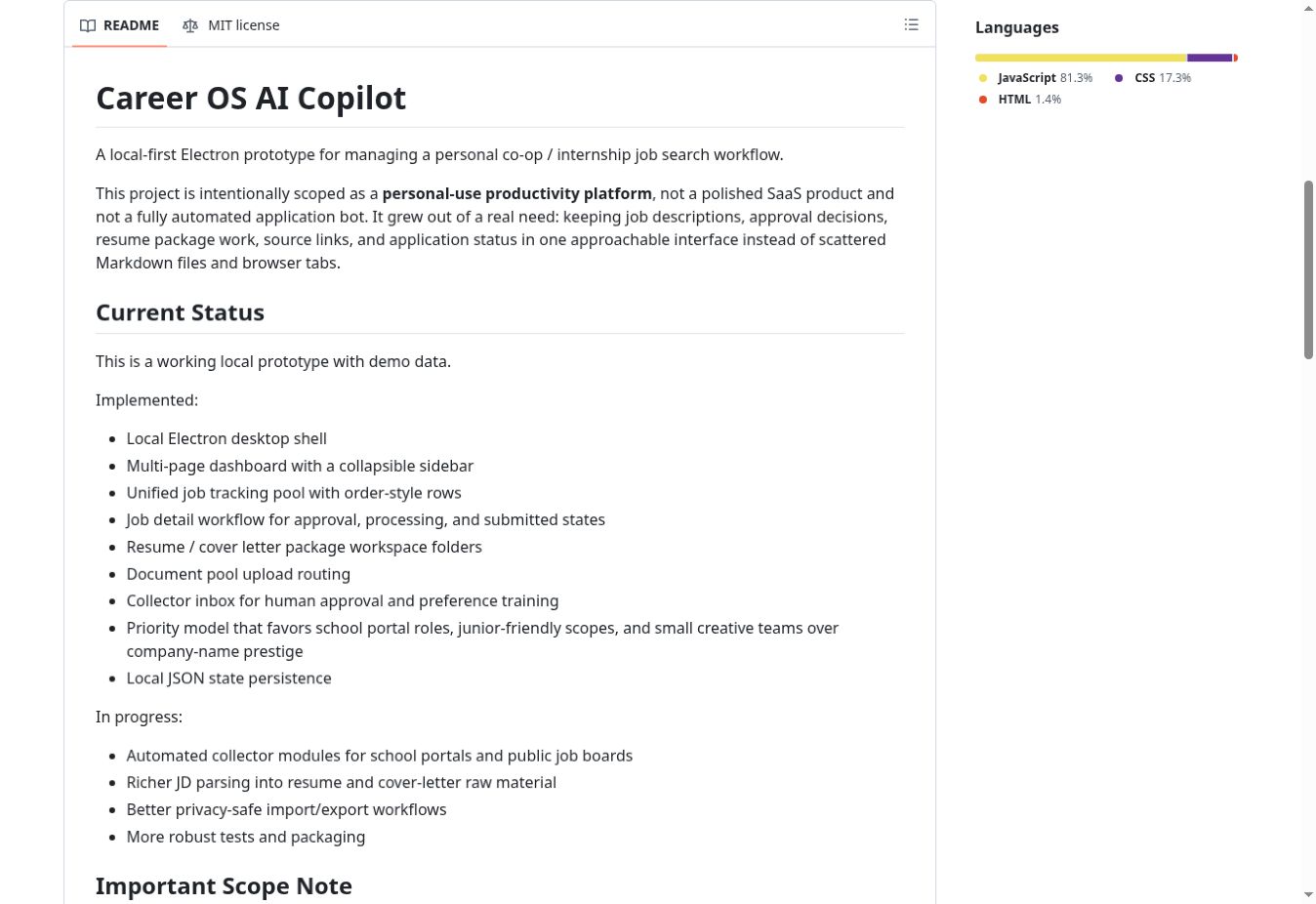 Career OS repository documentation showing the working local prototype scope